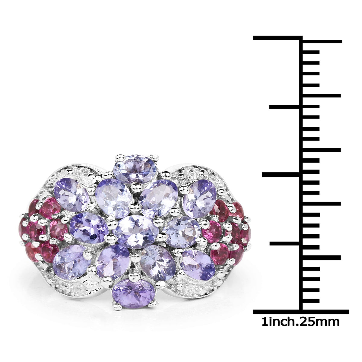 Anillo de plata de ley .925 con tanzanita y rodolita auténticas de 2,91 quilates
