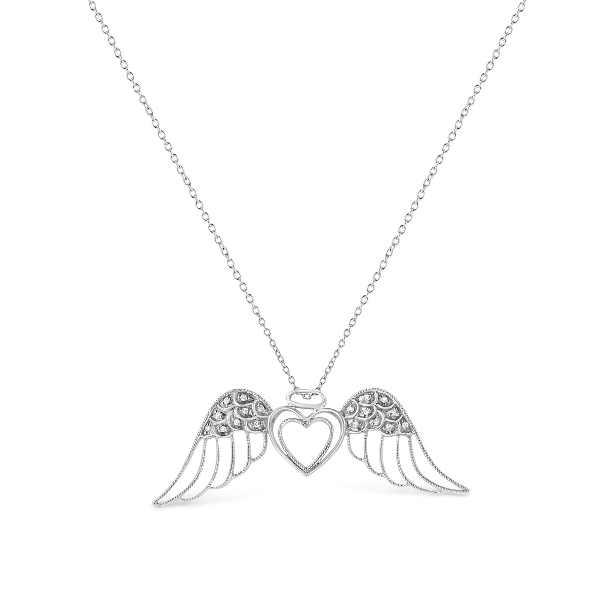 Collar con colgante de doble corazón de alas de ángel de plata de ley .925 con detalles de diamantes pavé de 45,72 cm (color I-J, claridad I1-I2)