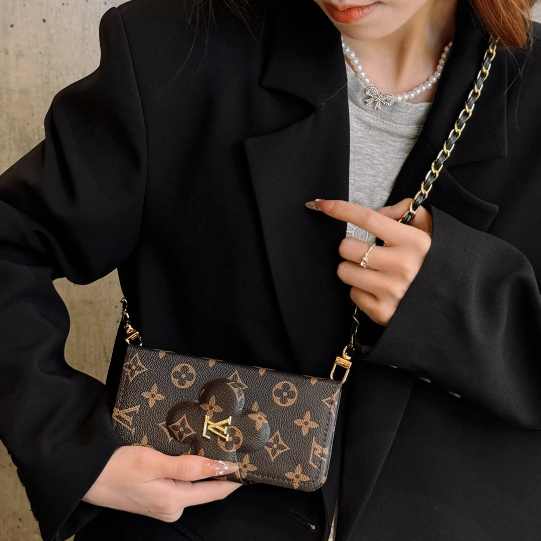 Elegante funda cruzada multifunción para iPhone con estampado LV - con correa de cadena, soporte y ranuras para tarjetas