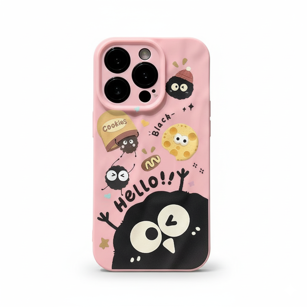 Serie de fundas para teléfono con simpáticos personajes de bolas de carbón negro