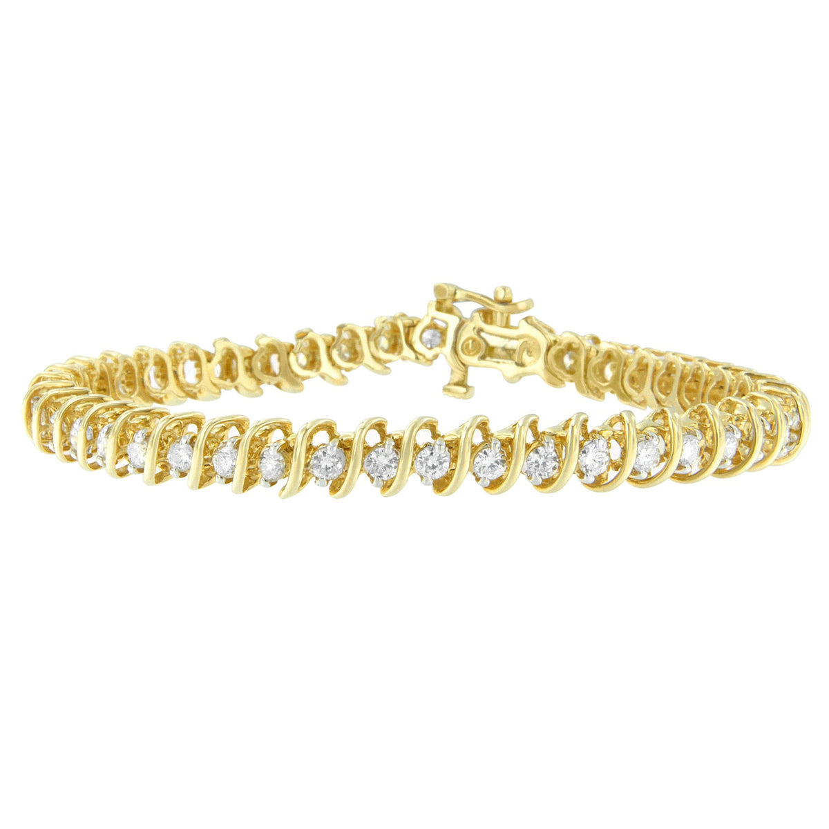 Pulsera de eslabones en espiral con diamantes de talla redonda de oro amarillo de 14 quilates (3.00 cttw, color H-I, claridad SI2-I1)