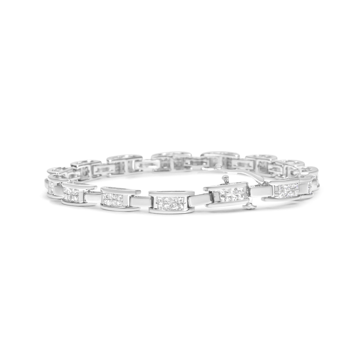 Pulsera de eslabones rectangulares de oro blanco de 14 quilates con diamantes engastados invisibles talla princesa de 2,0 quilates en total (color I-J, claridad I1-I2) - 7,25"