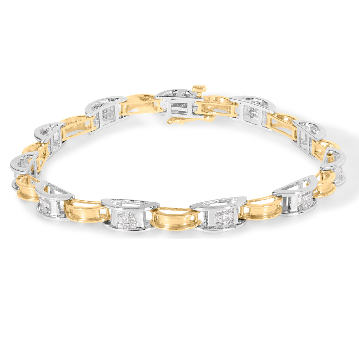 Pulsera de 7" de oro de 14K de dos tonos con eslabones y diamantes de corte princesa de 1,00 Cttw (color H-I, claridad SI1-SI2)
