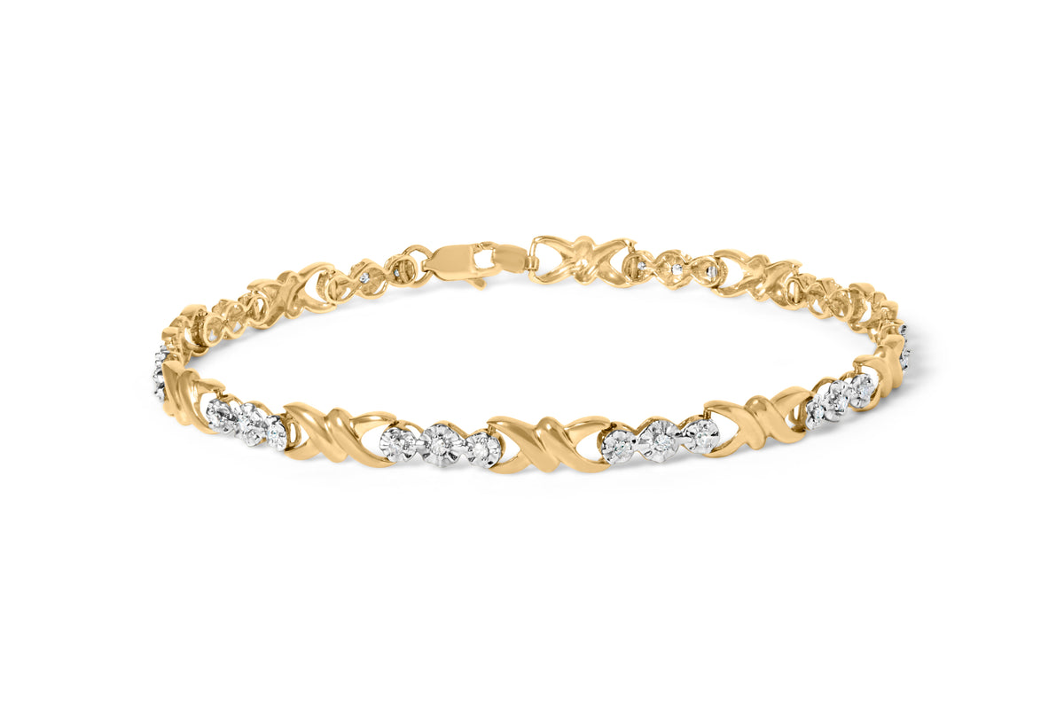 Pulsera de oro amarillo de 10k con 1/3 Cttw de diamante de 3 piedras y eslabón en X (Color I-J, Claridad I1-I2) - 7.50" pulgadas