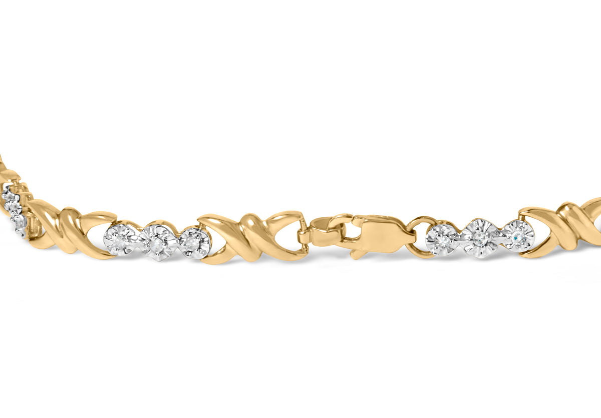 Pulsera de oro amarillo de 10k con 1/3 Cttw de diamante de 3 piedras y eslabón en X (Color I-J, Claridad I1-I2) - 7.50" pulgadas