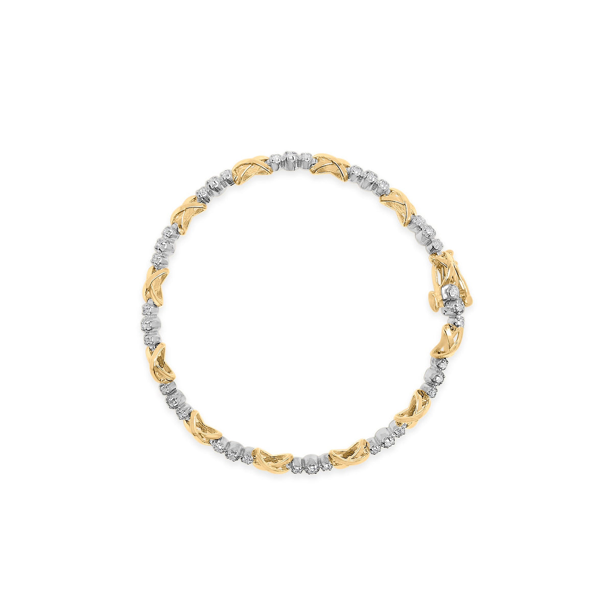 Pulsera de oro de dos tonos de 10K con 1/2 quilate total de diamantes de tres piedras alternadas y eslabones en "X" de 17.78 cm (Color I-J, Claridad I2-I3)