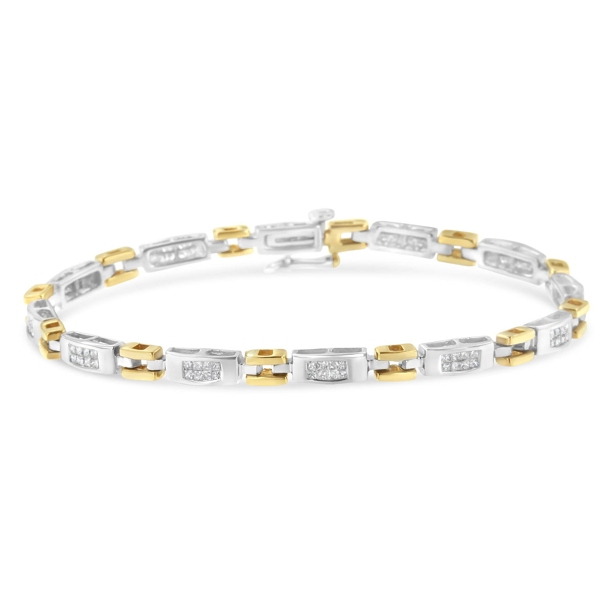 Pulsera de eslabones geométrica con corte de princesa en oro de dos tonos de 10K y diamantes (1.00 cttw, color H-I, claridad SI1-SI2)