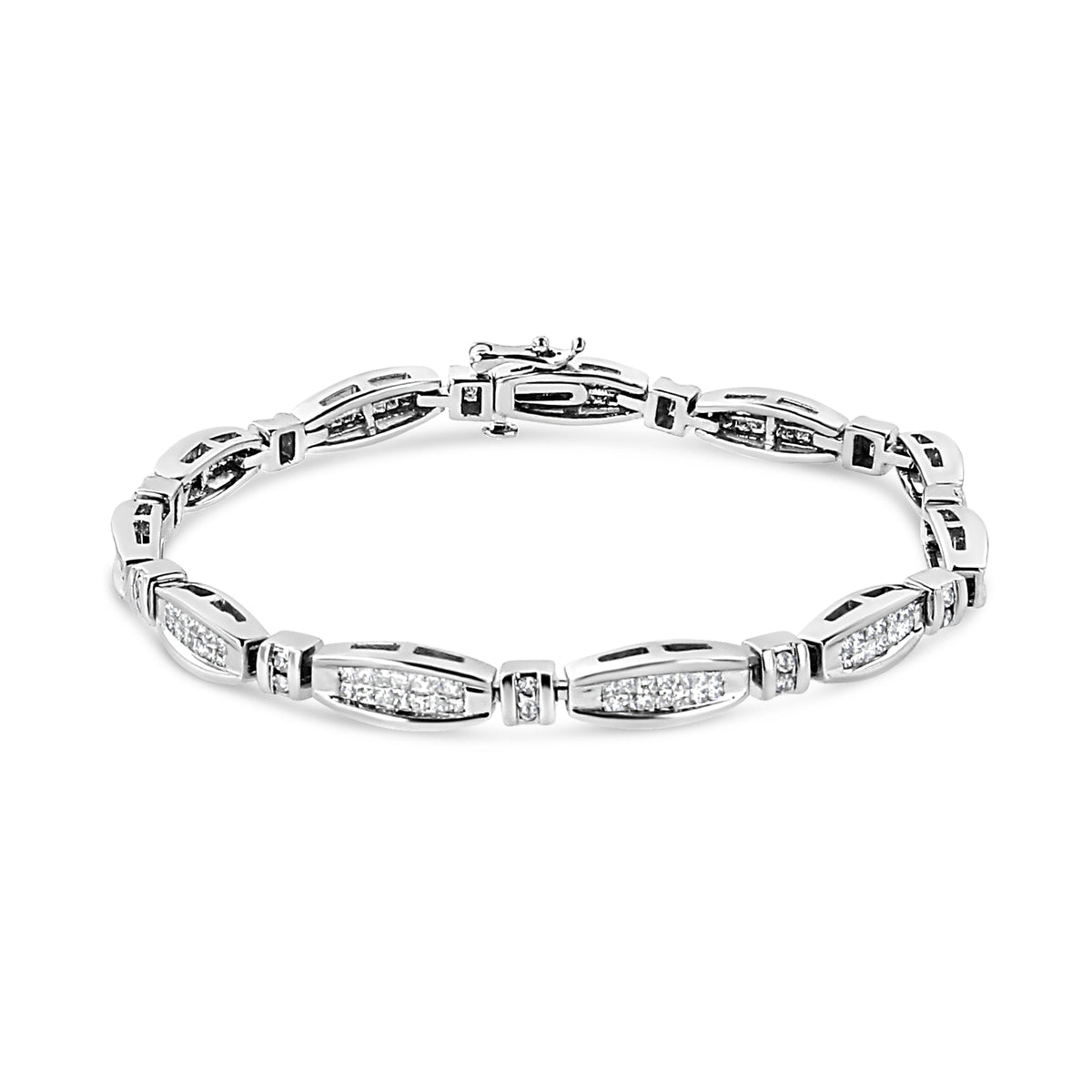 Pulsera de barra y eslabones de oro blanco de 14K con diamantes redondos y de talla princesa de 2.0 CTW (Color I-J, Claridad I1-I2) - 7.25 pulgadas