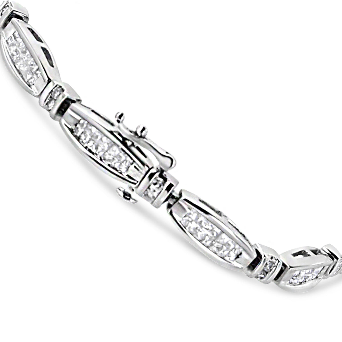Pulsera de barra y eslabones de oro blanco de 14K con diamantes redondos y de talla princesa de 2.0 CTW (Color I-J, Claridad I1-I2) - 7.25 pulgadas