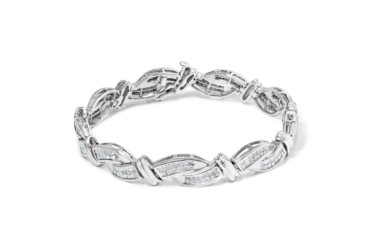 Pulsera de eslabones de oro blanco de 14 quilates con 4.0 quilates en total de diamantes de corte princesa engastados de forma invisible estilo onda (color H-I, claridad SI2-I1) - 7"