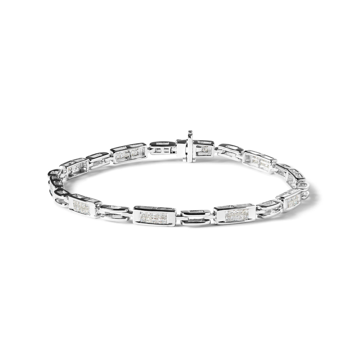 Pulsera de tenis de oro blanco de 14 quilates con diamantes de corte princesa de 1,0 quilates engastados invisibles, estaciones alternas y eslabones (color I-J, claridad I1-I2) - Tamaño 7,25" pulgadas