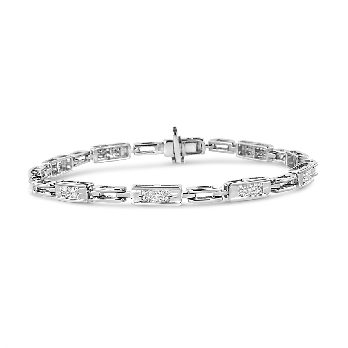 Pulsera de tenis de oro blanco de 14 quilates con diamantes de corte princesa de 1,0 quilates engastados invisibles, estaciones alternas y eslabones (color I-J, claridad I1-I2) - Tamaño 7,25" pulgadas