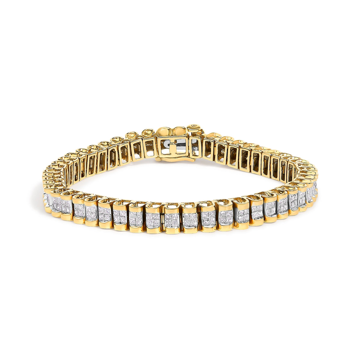 Теннисный браслет из желтого золота 14 карат с невидимой закрепкой Princess Cut Quad, 3,0 карата общий вес (цвет H-I, чистота SI1-SI2) - 7 дюймов