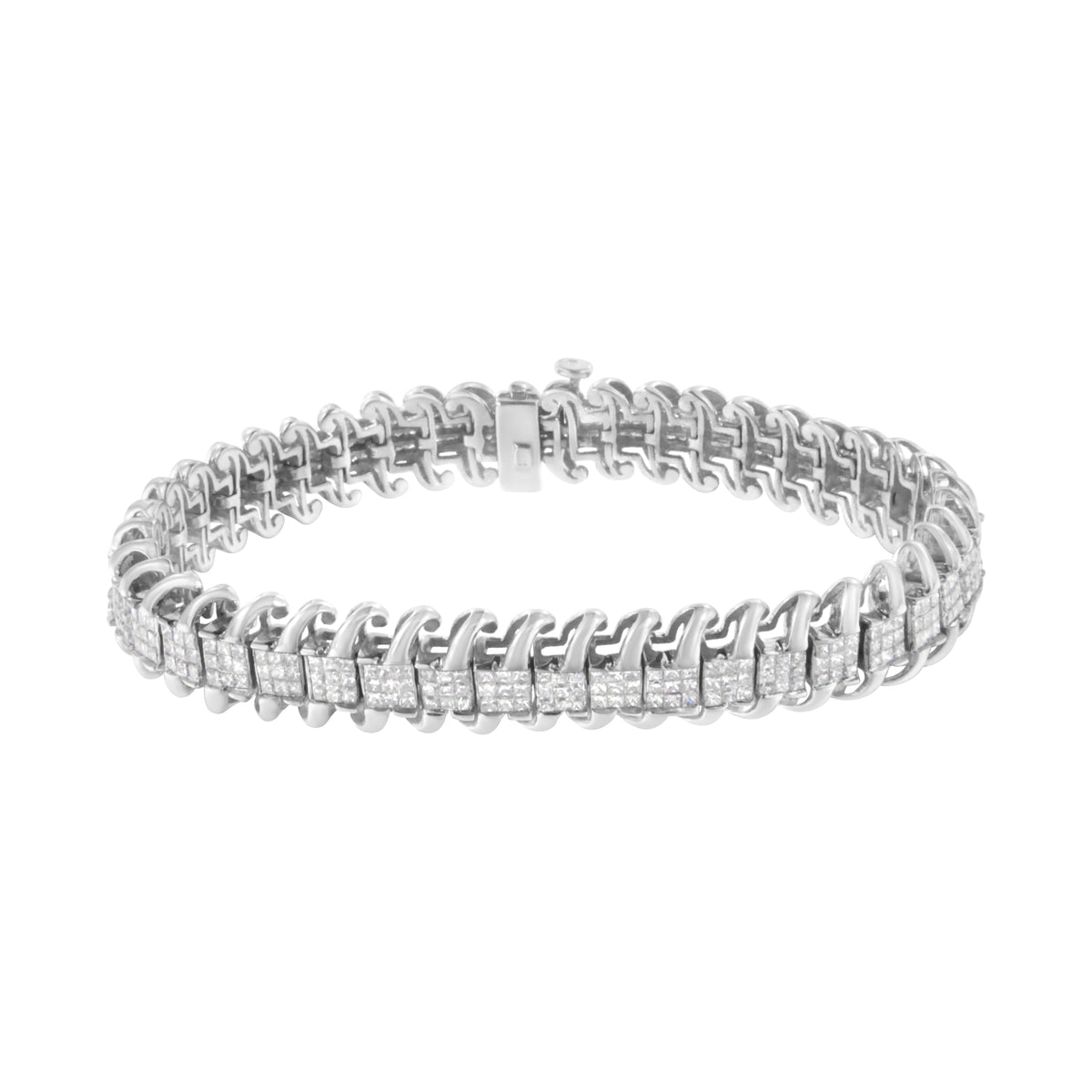 Pulsera de tenis de oro blanco de 14 quilates con diamantes de talla princesa de 5,0 quilates engastados invisibles en forma de S ondulada de 7" (color G-H, claridad SI1-SI2)