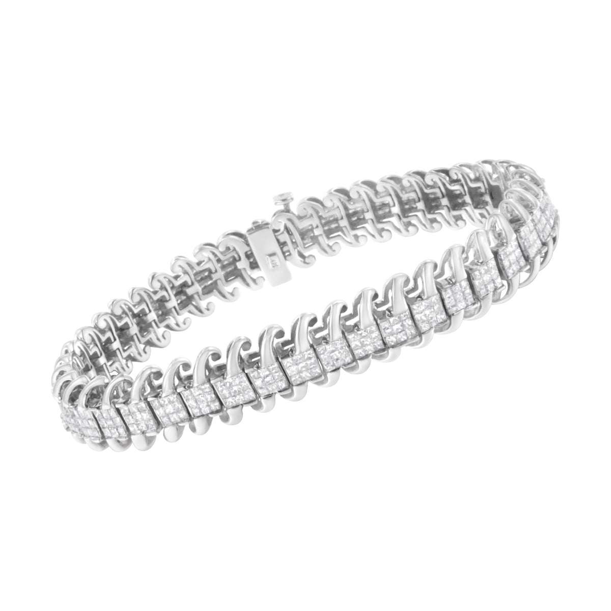Pulsera de tenis de oro blanco de 14 quilates con diamantes de talla princesa de 5,0 quilates engastados invisibles en forma de S ondulada de 7" (color G-H, claridad SI1-SI2)