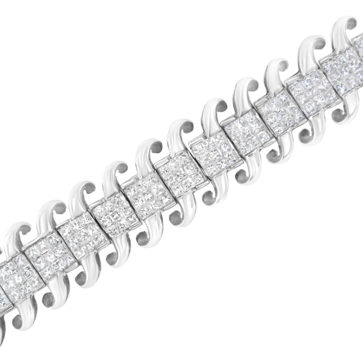 Pulsera de tenis de oro blanco de 14 quilates con diamantes de talla princesa de 5,0 quilates engastados invisibles en forma de S ondulada de 7" (color G-H, claridad SI1-SI2)