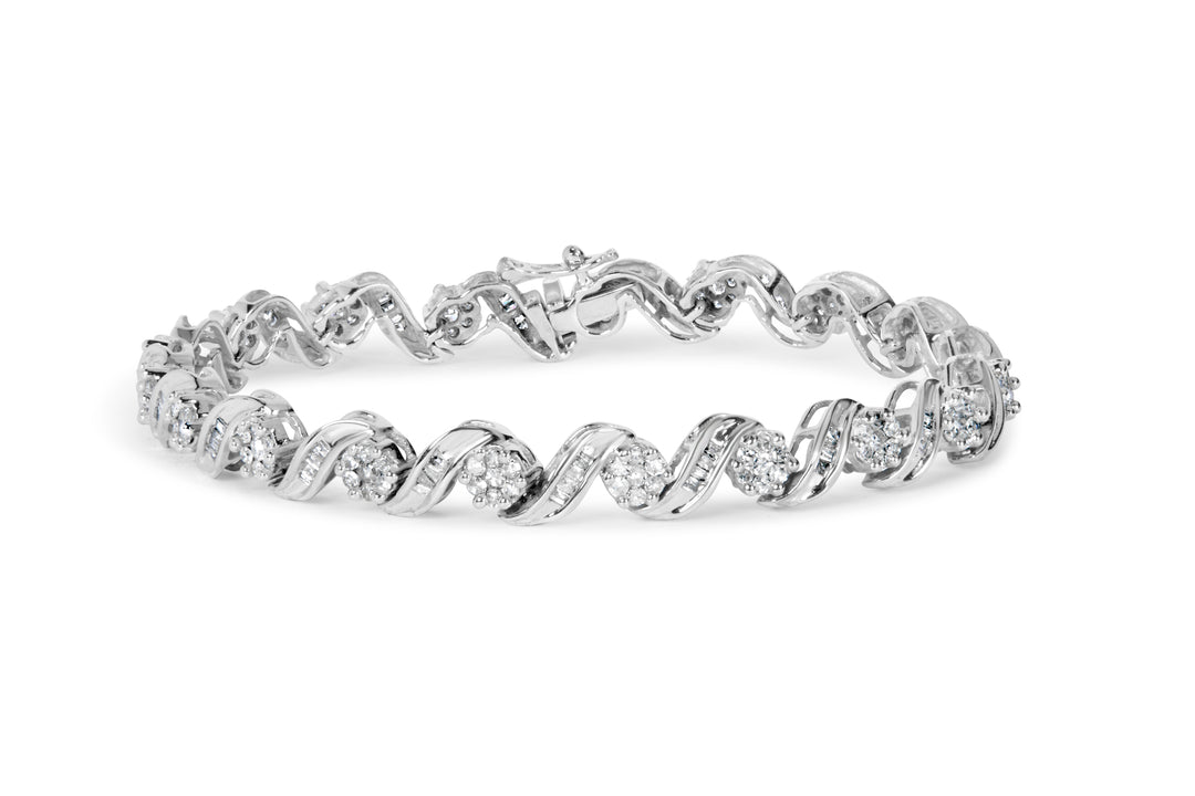14K White Gold 2.00 Cttw Diamond Cluster and Spiral Link Bracelet (I-J Color, I1-I2 Clarity) - 7"