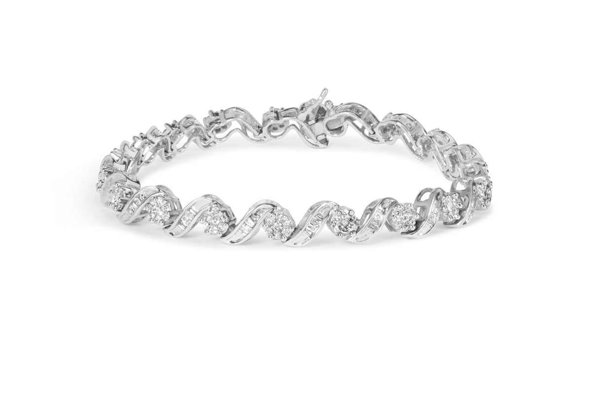 Pulsera de eslabones en espiral y grupo de diamantes de oro blanco de 14 quilates y 2,00 Cttw (Color I-J, Claridad I1-I2) - 7"