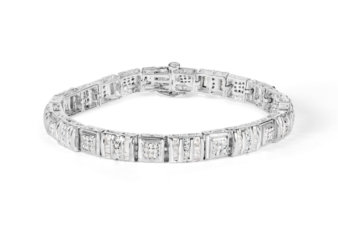 10K White Gold Round and Baguette Cut Diamond Bracelet (2.00 cttw, H-I Color, I2-I3 Clarity)