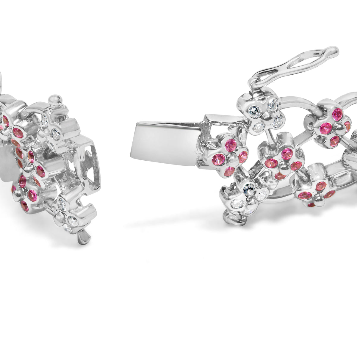 Pulsera de eslabones de oro blanco de 14 quilates con zafiros rosados y diamantes en forma de celosía floral - 7,25 pulgadas