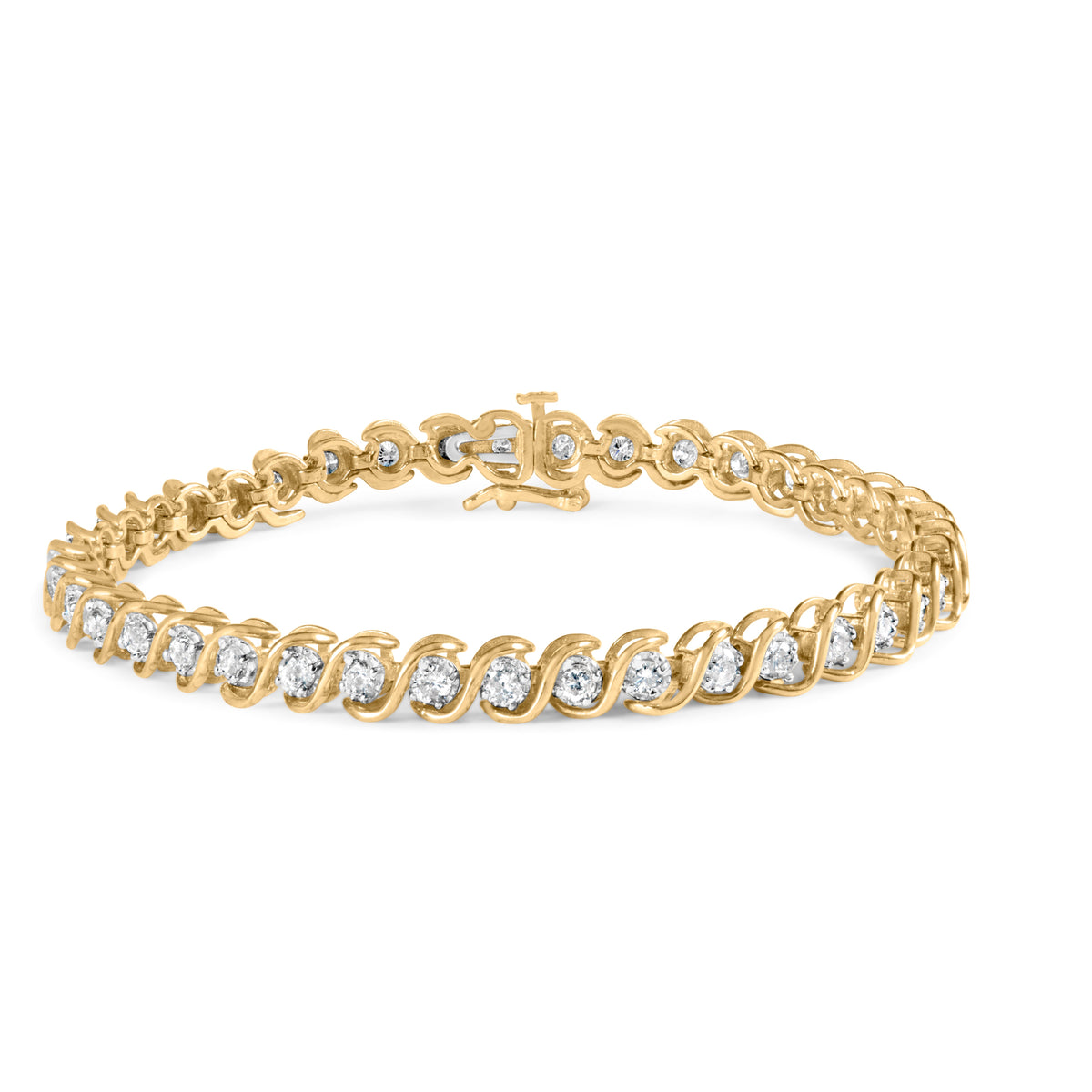 Pulsera de eslabones en espiral de oro amarillo de 10 qt con diamantes redondos de 3 qt (color I-J, claridad I1-I2), 19,05 cm