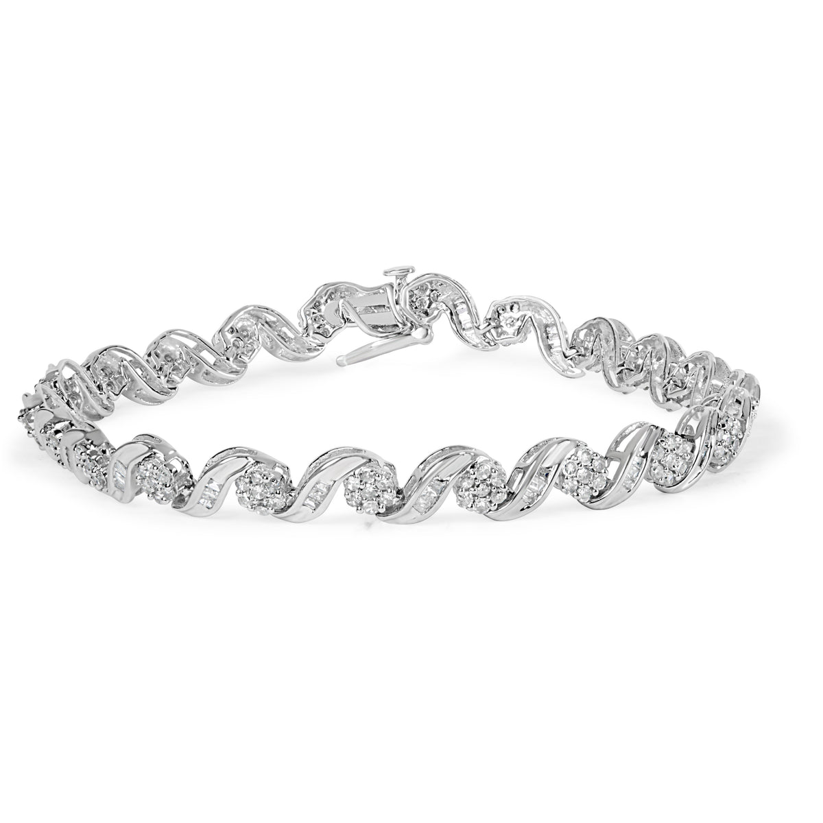 Pulsera de Eslabones en Espiral con Diseño Floral de Diamantes de Corte Redondo y de Talla Baguette de 2.00 ct en total en Oro Blanco de 10K y 17.78 cm (Color I-J, Claridad I1-I2)