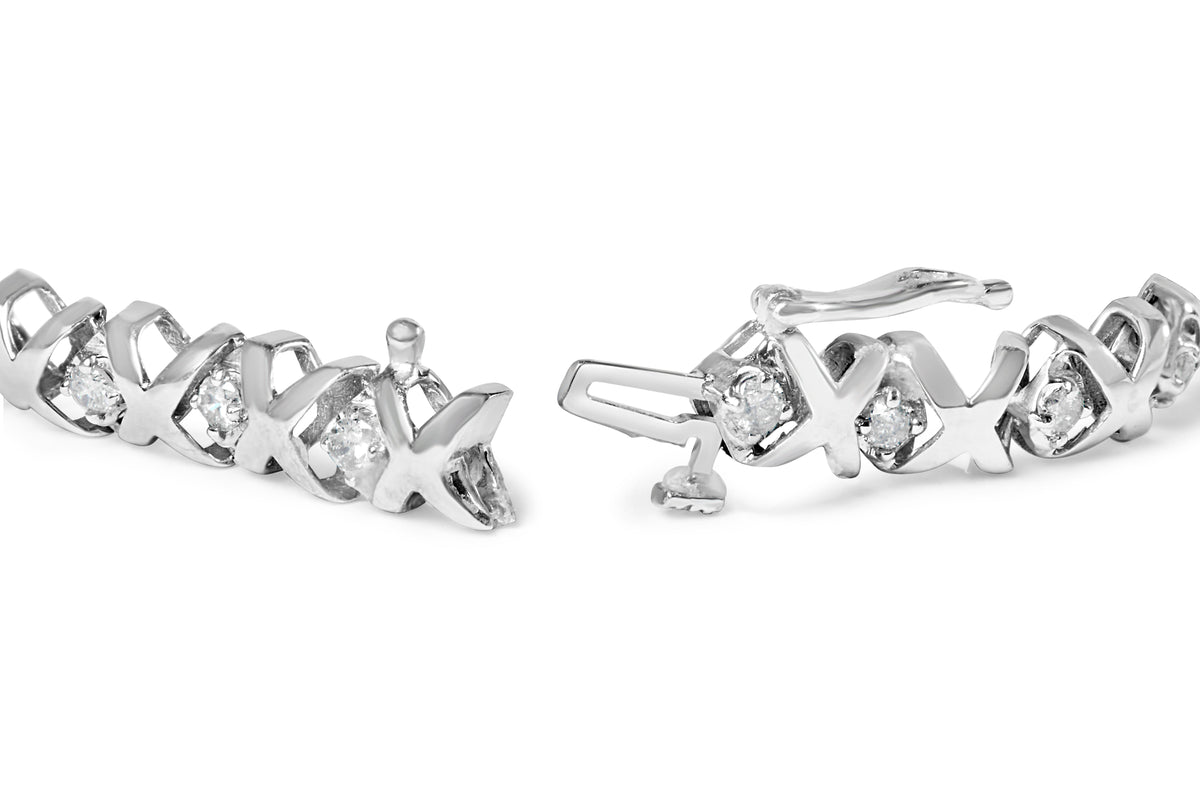 Pulsera de tenis de oro blanco de 10 quilates con diamantes de 1,5 quilates en alternancia de diamantes y eslabones en X de 19 cm (color H-I, claridad I2-I3)