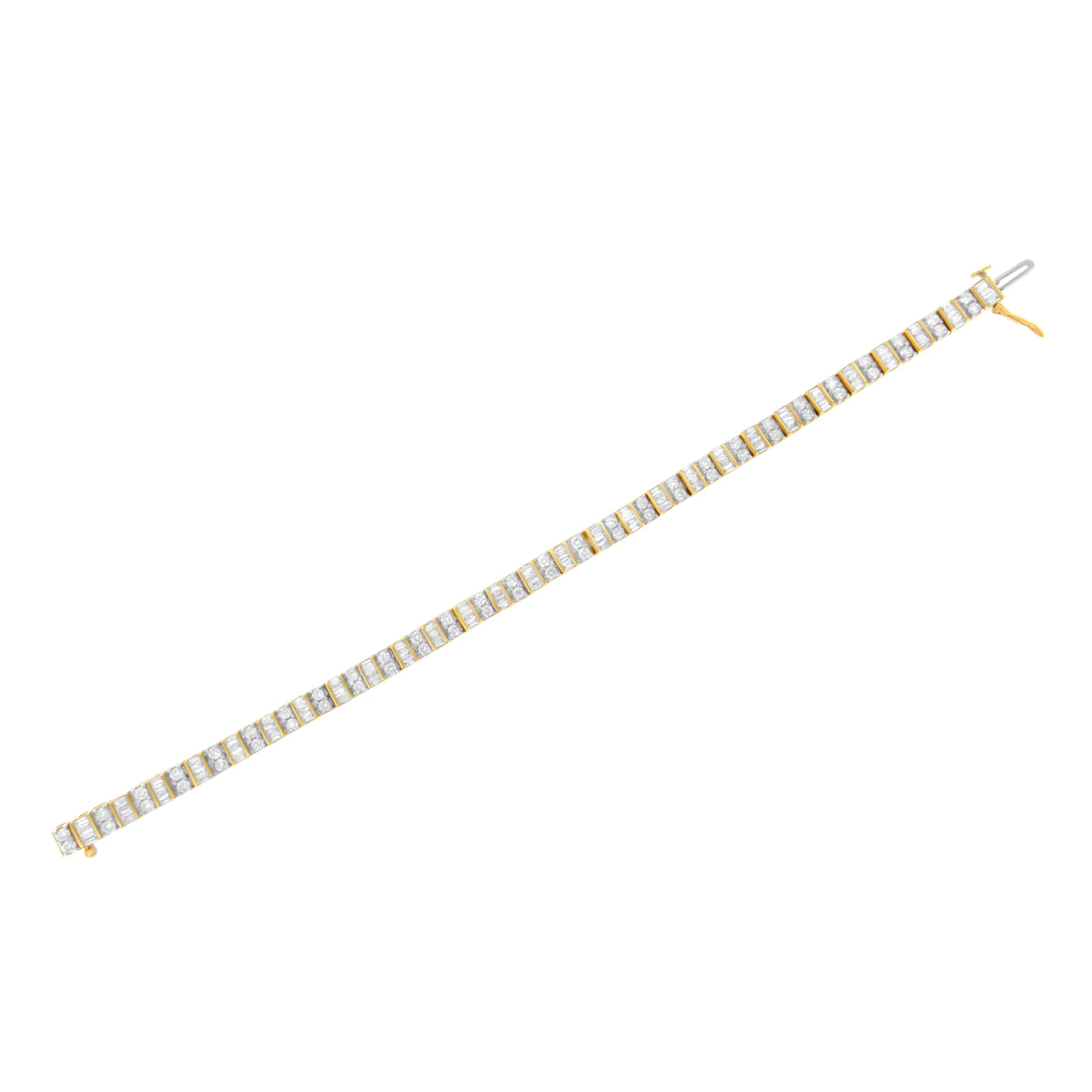 Pulsera de tenis de oro amarillo de 10K con diamantes en talla baguette y redonda alternados de 4.0 Cttw, engastados en bisel y garra de 7" (Color G-H, Claridad SI1-SI2)