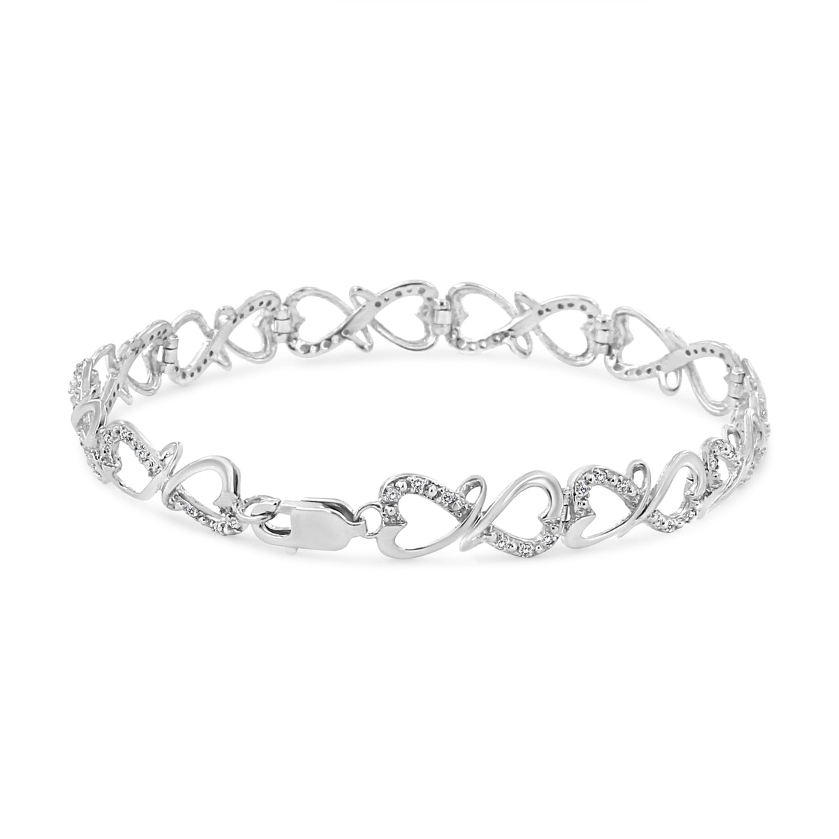Pulsera de plata de ley 925 con diseño de doble corazón e infinito con diamantes de talla redonda de 0,33 qt (color H-I, claridad I3), 18,4 cm