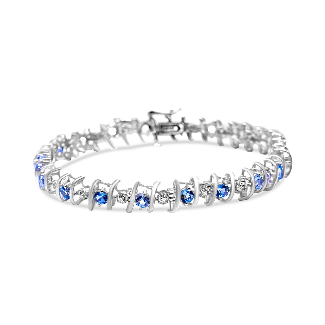 .925 Sterling Silver, Lab-Grown Gemstone and 4 Cttw Round Diamond Tennis Bracelet (H-I Color, I1-I2 Clarity) - Created Blue Sapphire, September Birthstone