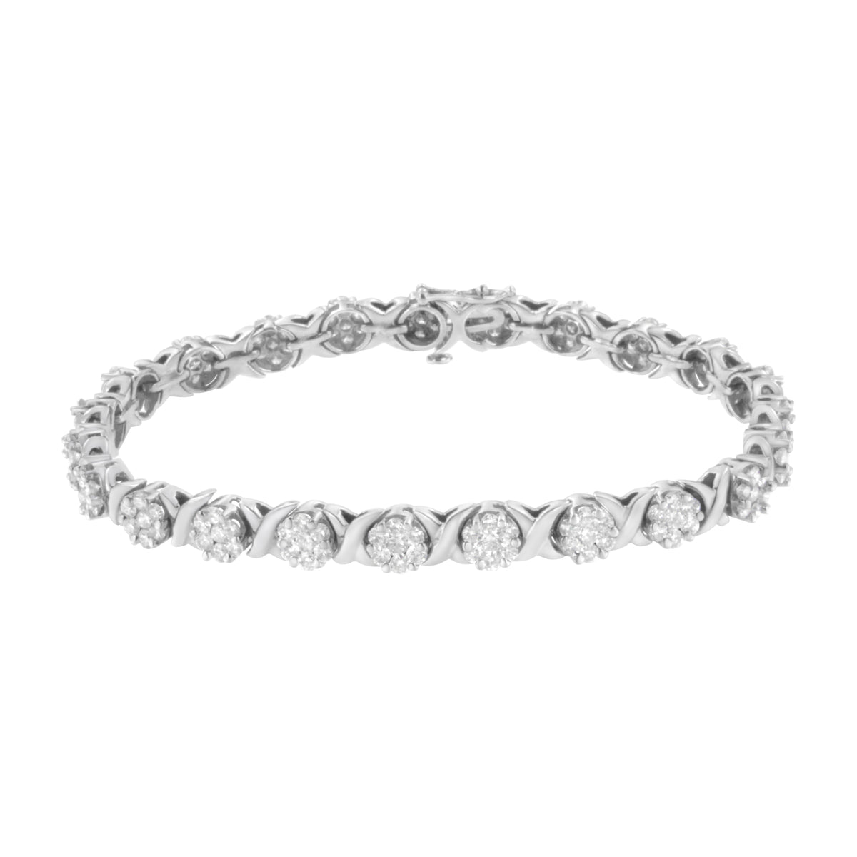 Pulsera de tenis de oro blanco de 14 quilates de 7" con racimo redondo y eslabones en X de diamantes de talla brillante redonda de 4 7/8 quilates totales (color I-J, claridad SI2-I1)