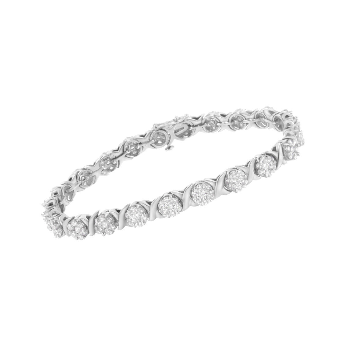 Pulsera de tenis de oro blanco de 14 quilates de 7" con racimo redondo y eslabones en X de diamantes de talla brillante redonda de 4 7/8 quilates totales (color I-J, claridad SI2-I1)
