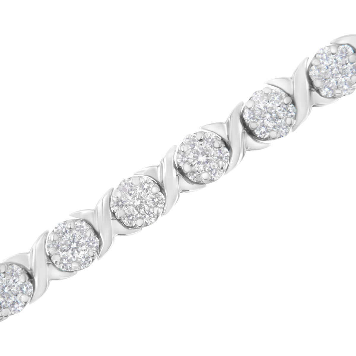 Pulsera de tenis de oro blanco de 14 quilates de 7" con racimo redondo y eslabones en X de diamantes de talla brillante redonda de 4 7/8 quilates totales (color I-J, claridad SI2-I1)