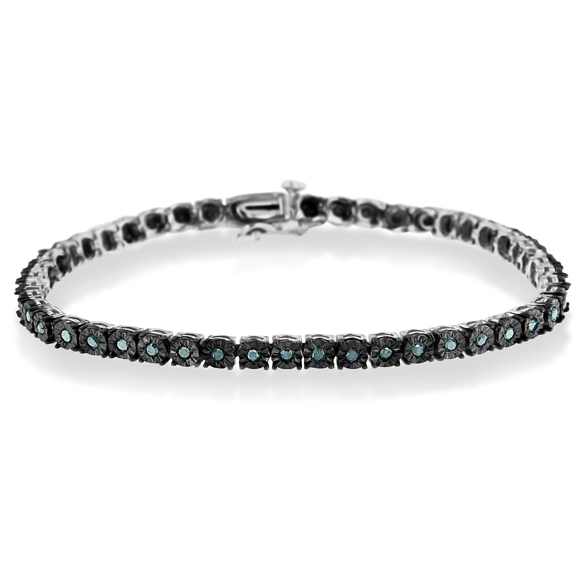 Pulsera de tenis milagrosa de diamantes de 1,0 Cttw de plata de ley .925 chapada en rodio negro (color azul mejorado, claridad I3) - 7"