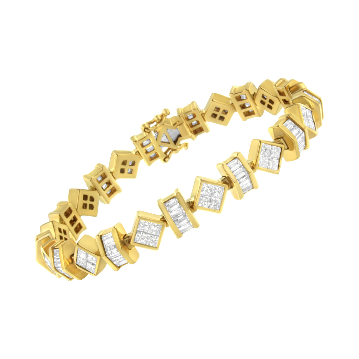 Pulsera de eslabones geométricos de oro amarillo de 14 quilates con diamantes talla princesa y baguette de 7,50 quilates en total