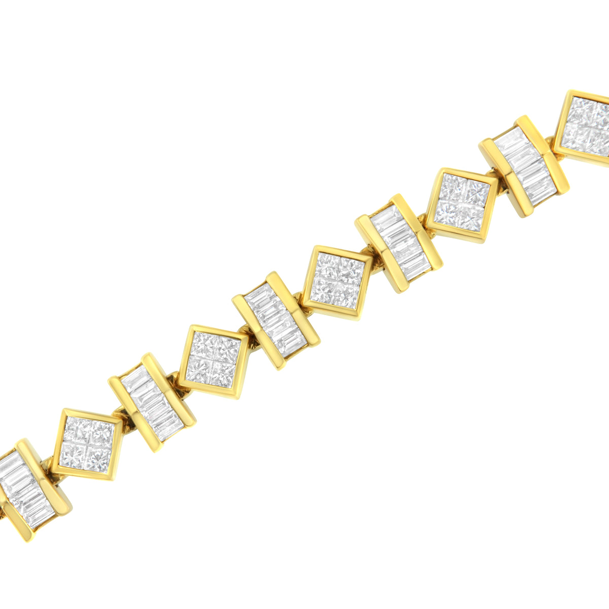 Pulsera de eslabones geométricos de oro amarillo de 14 quilates con diamantes talla princesa y baguette de 7,50 quilates en total