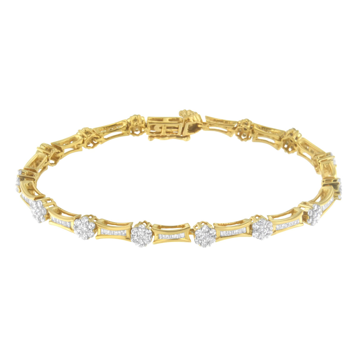 Pulsera de eslabones de diamantes de talla redonda y baguette de oro amarillo y blanco de 10 quilates con un peso total de 2.00 quilates (color I-J, claridad I2-I3) - Talla 7.25"