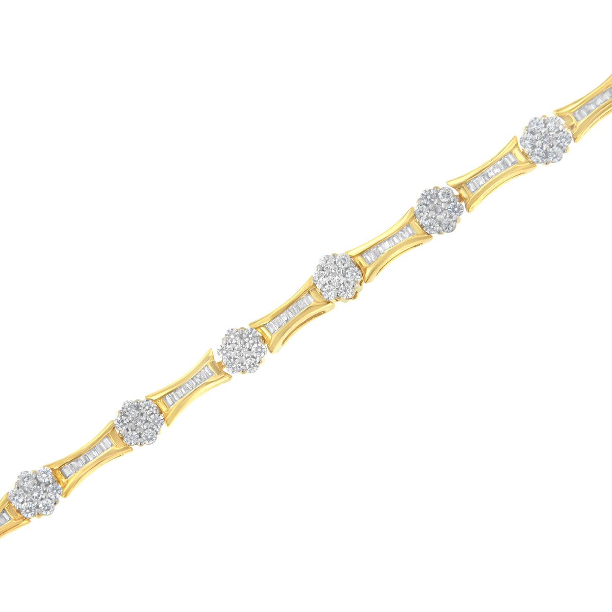 Pulsera de eslabones de diamantes de talla redonda y baguette de oro amarillo y blanco de 10 quilates con un peso total de 2.00 quilates (color I-J, claridad I2-I3) - Talla 7.25"