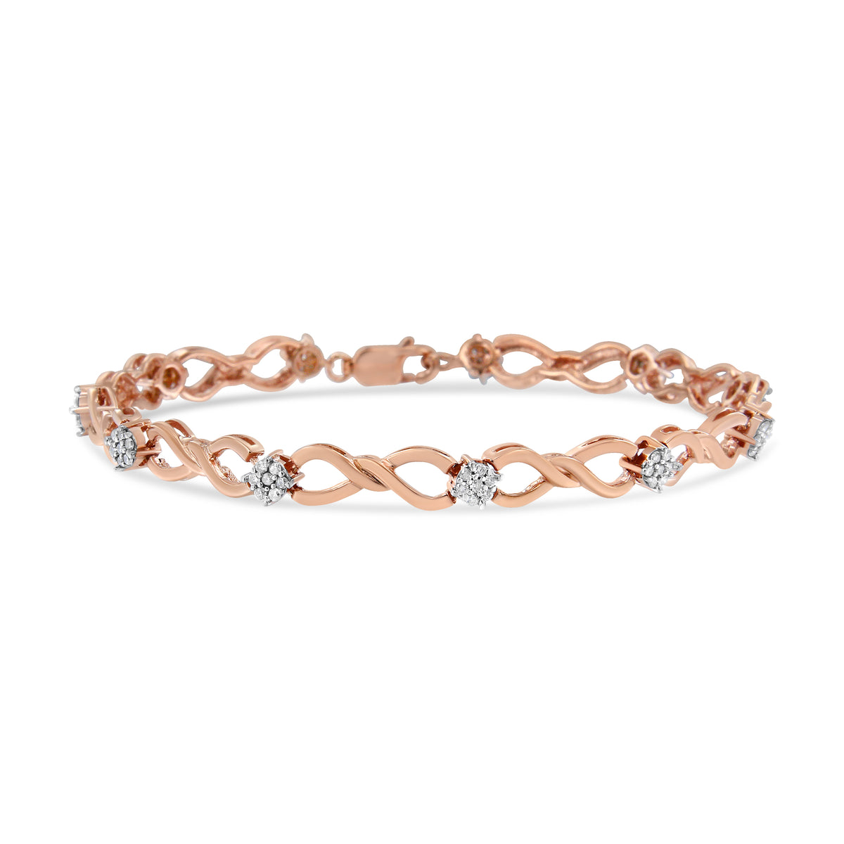 Brazalete con diseño de eslabones y racimo de diamantes de 1/2 quilate, color H-I, claridad I2-I3, de oro rosado de 10 quilates, de 17.78 cm