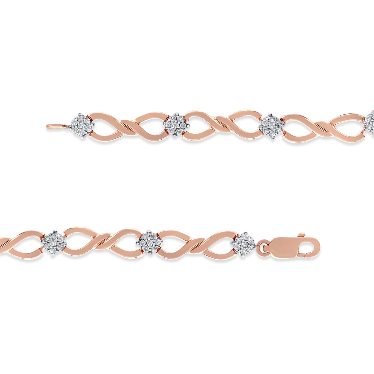 Brazalete con diseño de eslabones y racimo de diamantes de 1/2 quilate, color H-I, claridad I2-I3, de oro rosado de 10 quilates, de 17.78 cm