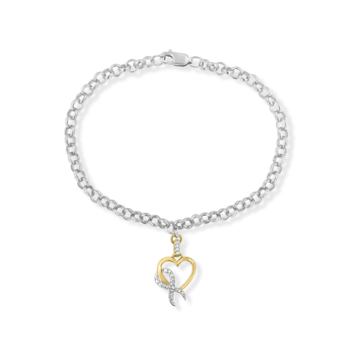 Pulsera de rolo de plata de ley .925 de 7" con lazo de conciencia y dije de corazón de oro amarillo de 10K con diamante de 1/10 Cttw (color H-I, claridad I1-I2)