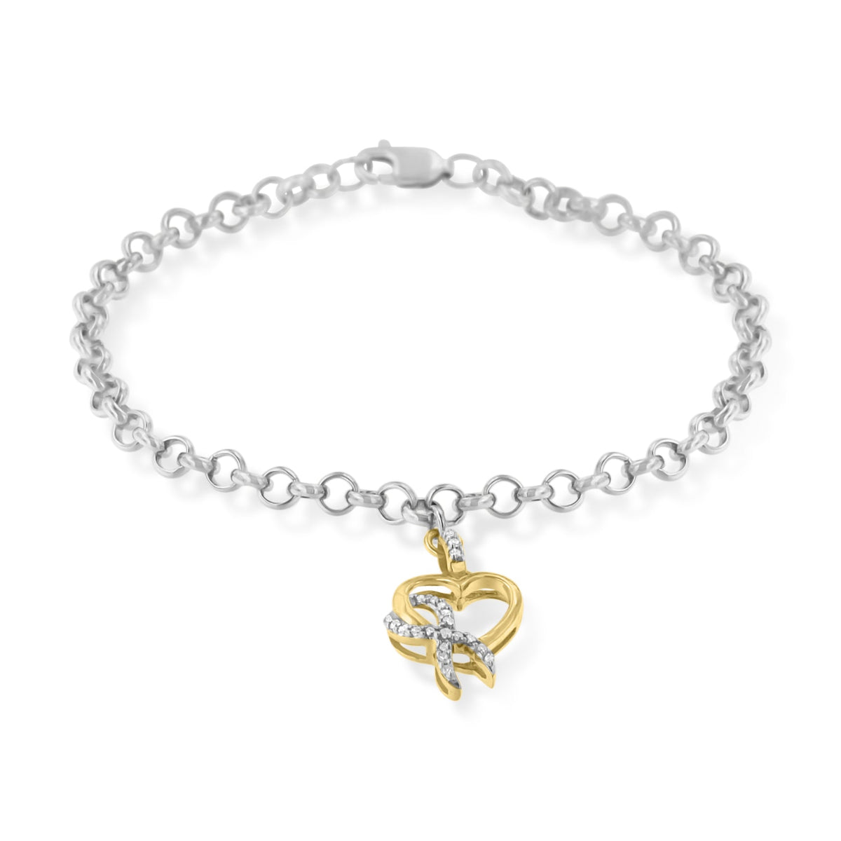 Pulsera de rolo de plata de ley .925 de 7" con lazo de conciencia y dije de corazón de oro amarillo de 10K con diamante de 1/10 Cttw (color H-I, claridad I1-I2)