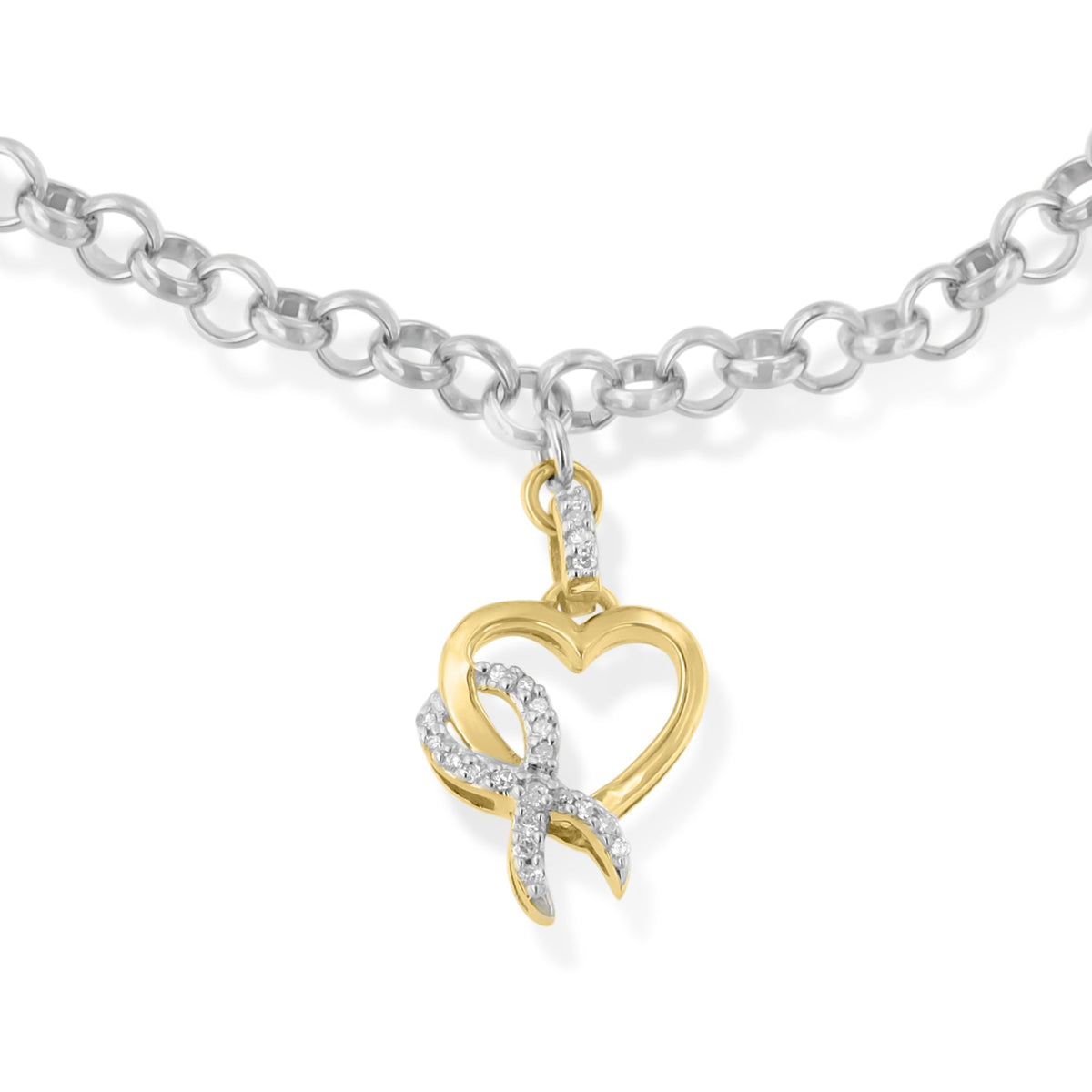 Pulsera de rolo de plata de ley .925 de 7" con lazo de conciencia y dije de corazón de oro amarillo de 10K con diamante de 1/10 Cttw (color H-I, claridad I1-I2)
