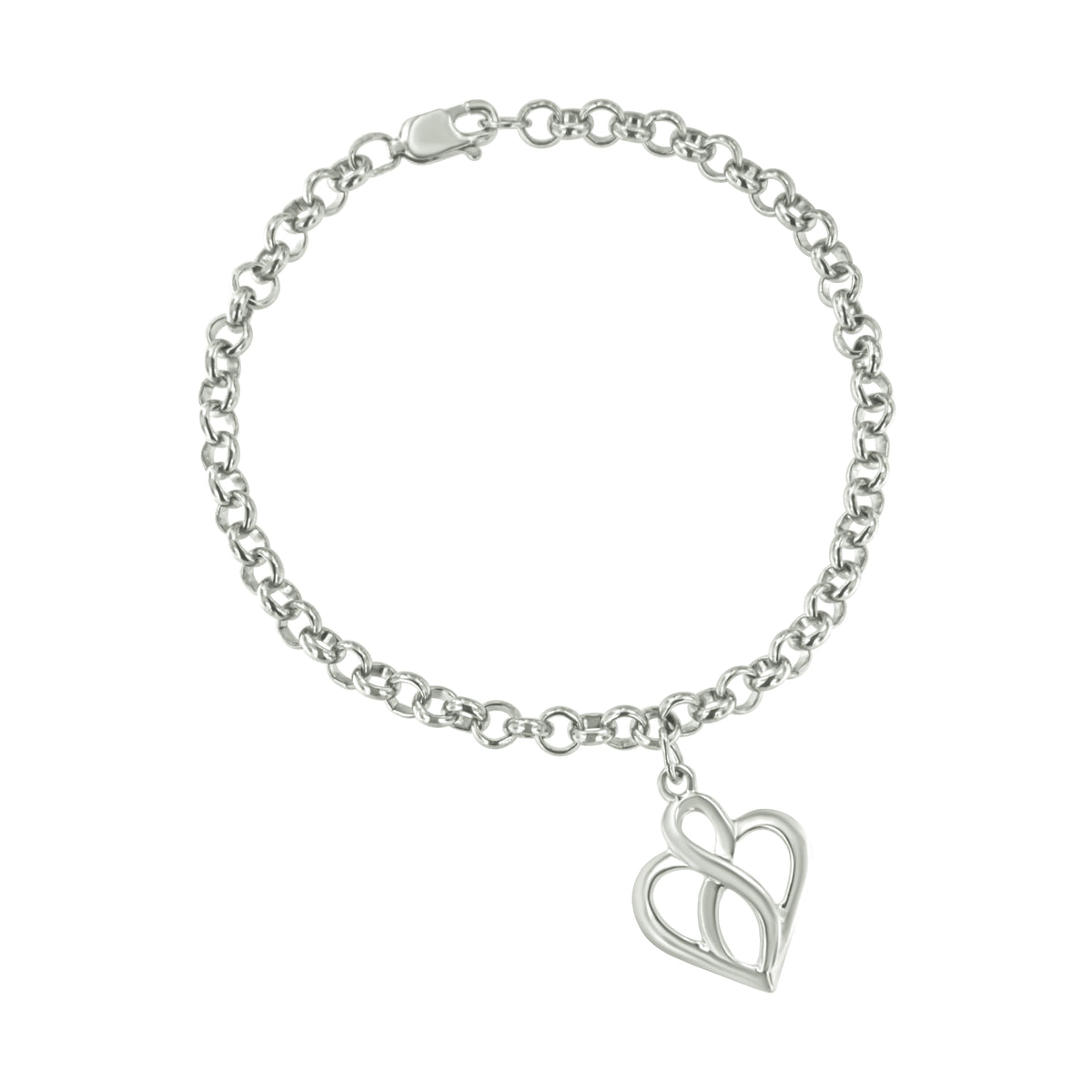 Pulsera con dije de cadena de plata esterlina .925 con corazón abierto e infinito vertical central - Talla 7"