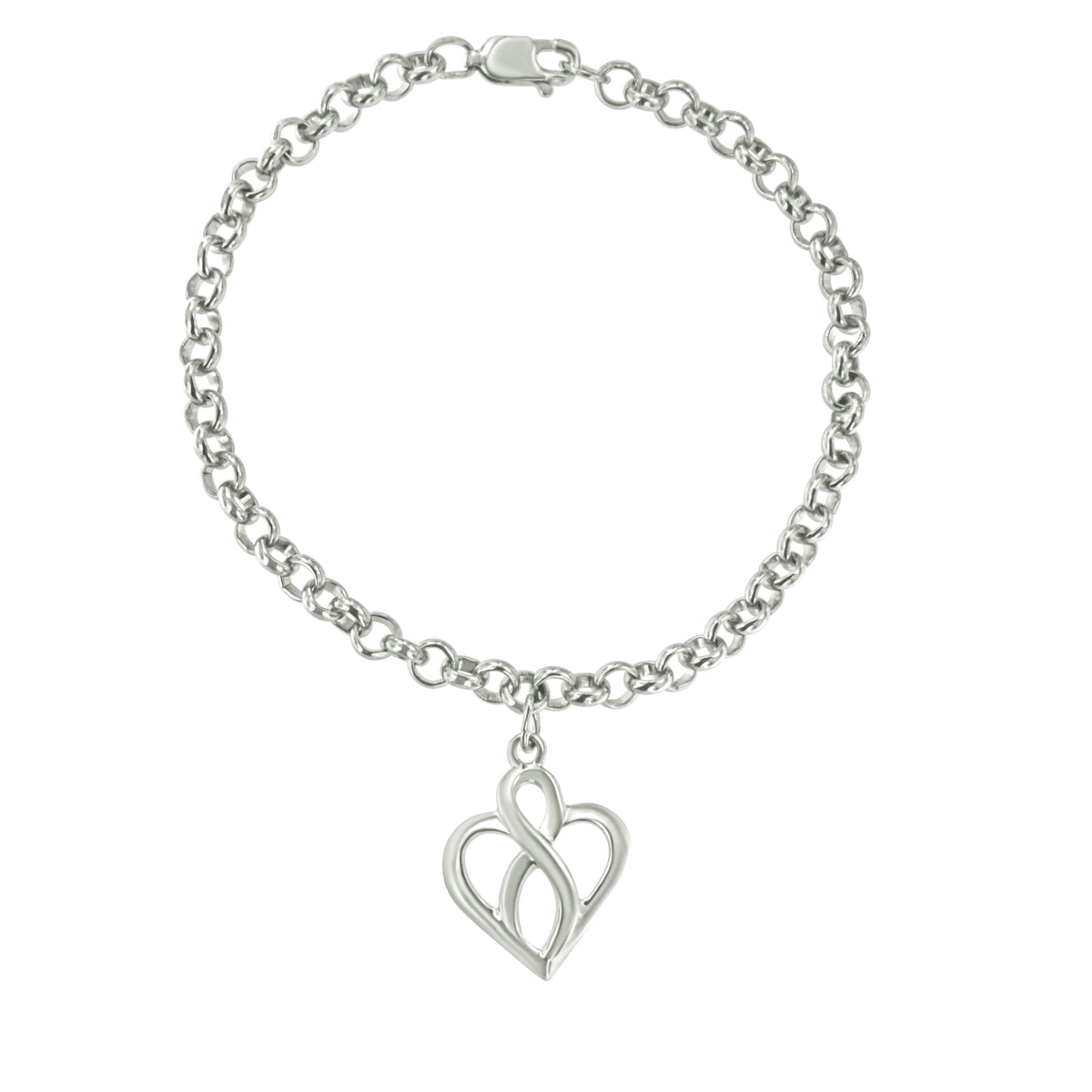 Pulsera con dije de cadena de plata esterlina .925 con corazón abierto e infinito vertical central - Talla 7"