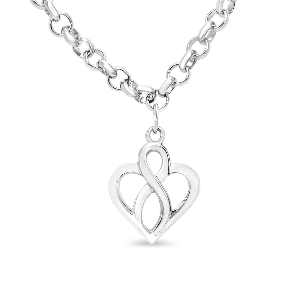 Pulsera con dije de cadena de plata esterlina .925 con corazón abierto e infinito vertical central - Talla 7"