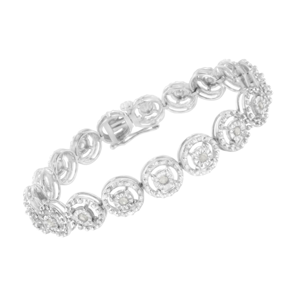 Pulsera de eslabones de moda de 7" de plata de ley .925 con diseño de círculo anidado y diamante de 1,0 Cttw con Miracle Set y rueda abierta (Color I-J, Claridad I3)