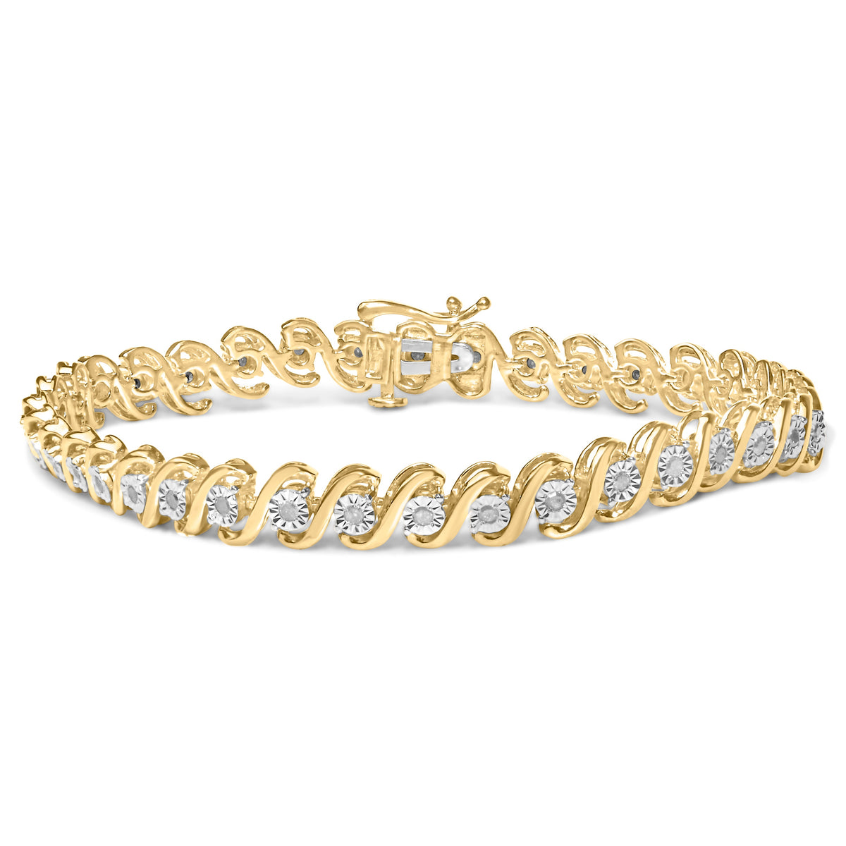 Pulsera de tenis de oro amarillo de 14 quilates chapado en plata de ley .925 con diamantes redondos de 1/2 quilate engarzados en milagro, en forma de S (color I-J, claridad I3) - 7"
