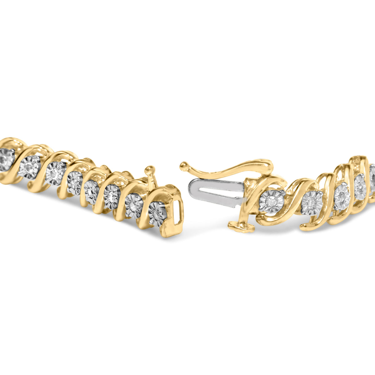 Pulsera de tenis de oro amarillo de 14 quilates chapado en plata de ley .925 con diamantes redondos de 1/2 quilate engarzados en milagro, en forma de S (color I-J, claridad I3) - 7"