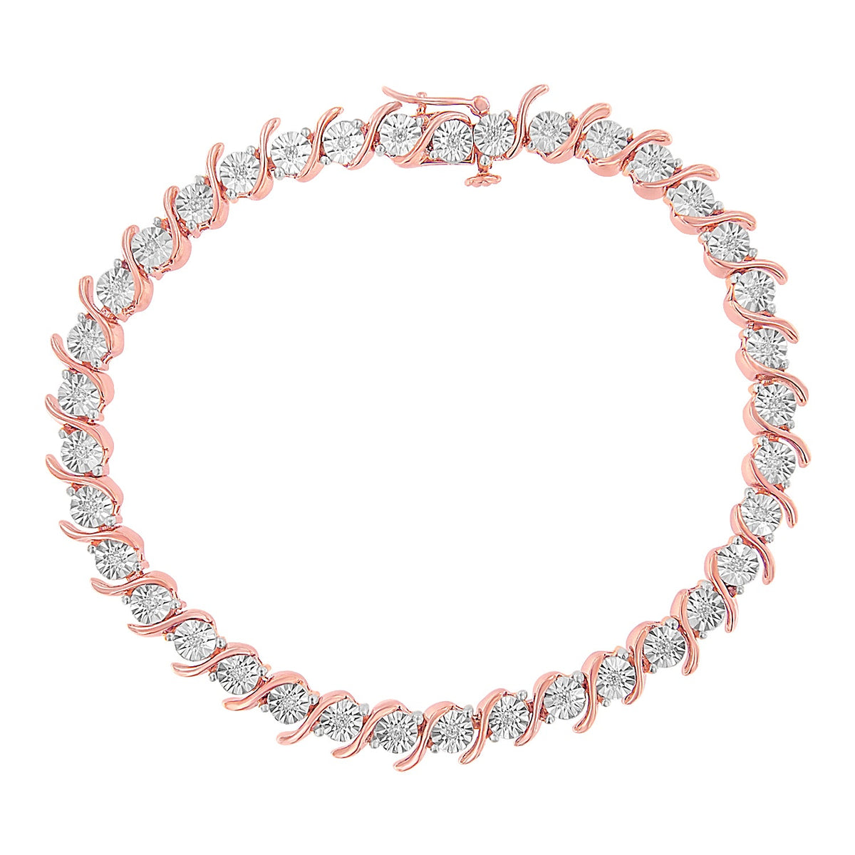Pulsera de tenis de eslabones en "S" con placa de milagro redonda de diamante de 1/10 ct. (Color I-J, Claridad I2-I3) de plata de ley .925 chapada en oro rosa de 14K - 7"